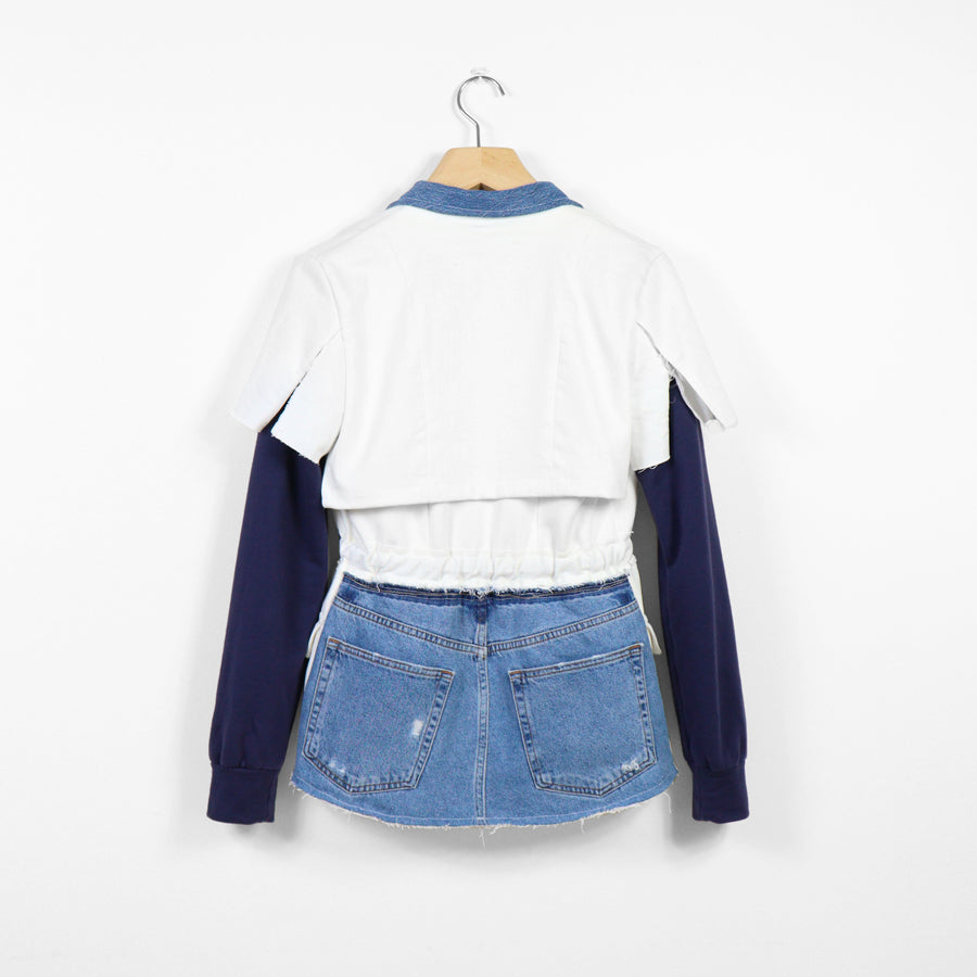 1 of 1 | UPCYCLED JERSEY BLAZER WITH DENIM PATCHWORK AND POCKETS - blue & white