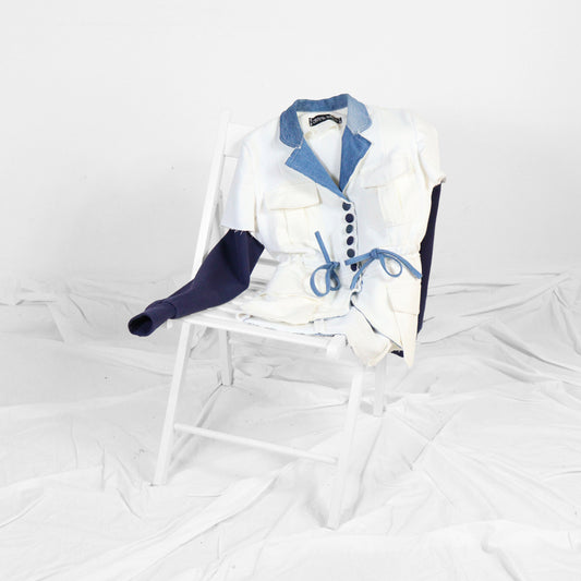 1 of 1 | UPCYCLED JERSEY BLAZER WITH DENIM PATCHWORK AND POCKETS - blue & white