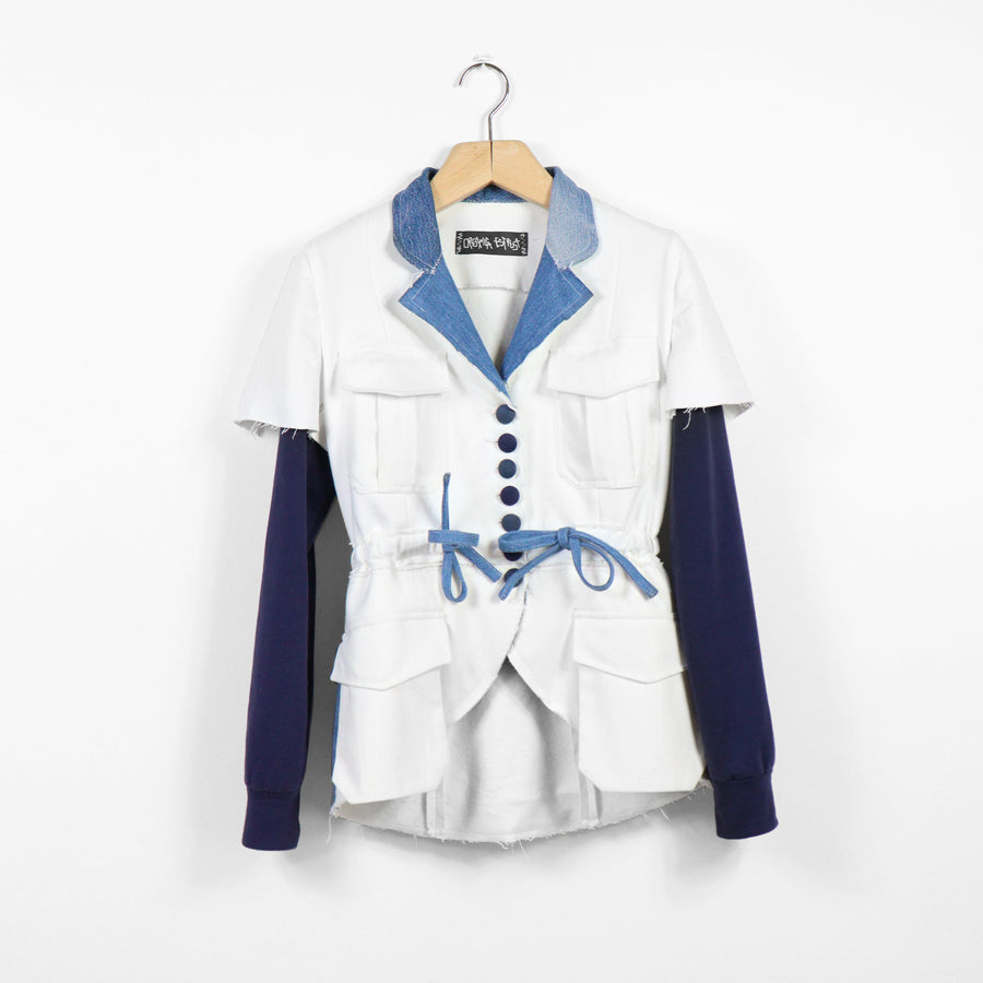 1 of 1 | UPCYCLED JERSEY BLAZER WITH DENIM PATCHWORK AND POCKETS - blue & white