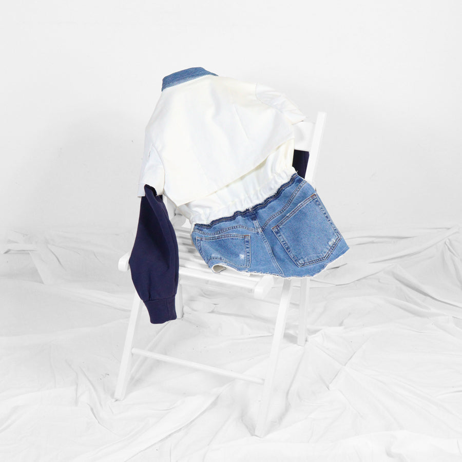 1 of 1 | UPCYCLED JERSEY BLAZER WITH DENIM PATCHWORK AND POCKETS - blue & white